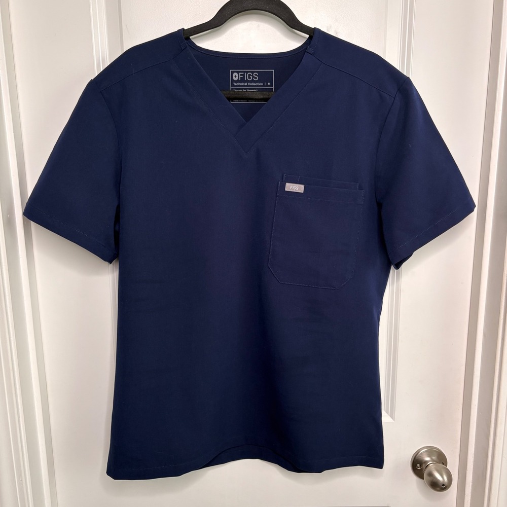 Figs Men's Navy V-Neck Scrub Top with Chest Pocket